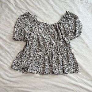 Nine West Black & White Floral Smocked Peplum Top